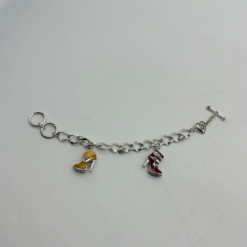 Silver Tone Chunky Link Charm Bracelet‎ High Heel Boot Enamel Heart Toggle